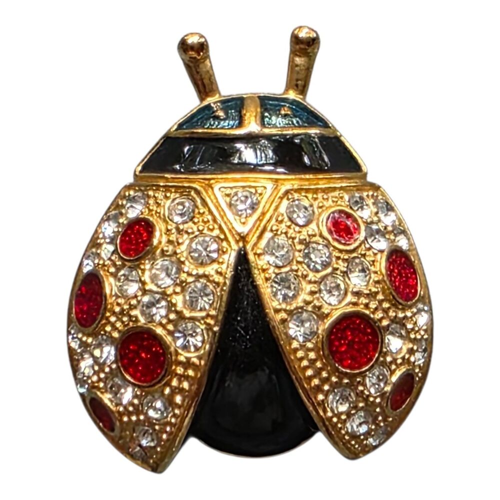 Vintage ROMAN Signed Enameled Rhinestone Gold Tone Lady Bug Lapel Pin Brooch